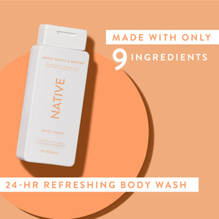 Native Sweet Peach & Nectar Body Wash with text reading “Made with only 9 clean ingredients” and “24-HR refreshing body wash”