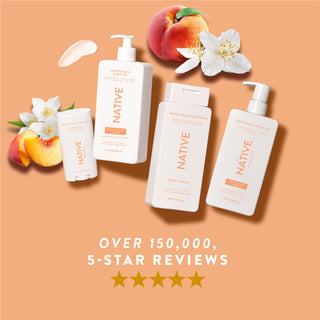 Native Sweet Peach & Nectar product lineup with text reading “Over 150,000, 5-star reviews” and five stars