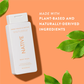 Native Sweet Peach & Nectar Body Wash with text reading “Made with plant-based and naturally-derived ingredients” next to green leaves