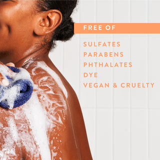 Person lathering in shower with text reading “Free of sulfates, parabens, phthalates, dye, vegan & cruelty free”