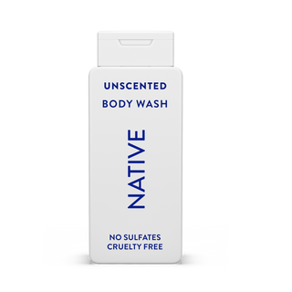 Native Unscented Body Wash with text reading “No Sulfates, Cruelty Free” on white bottle
