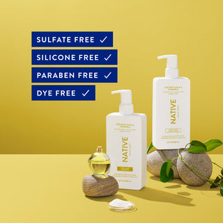 Native Coconut Milk & Turmeric product collection with text reading “Sulfate free, silicone free, paraben free, dye free"