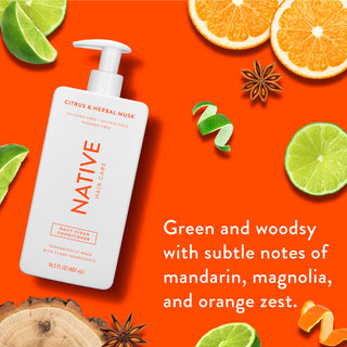 Native Daily Clean Conditioner with text “Green and woodsy with subtle notes of mandarin, magnolia, and orange zest”