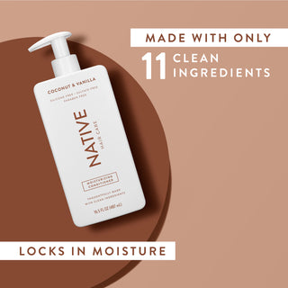 Native Coconut & Vanilla Moisturizing Conditioner with text reading “Made with only 11 clean ingredients” and “Locks in moisture”