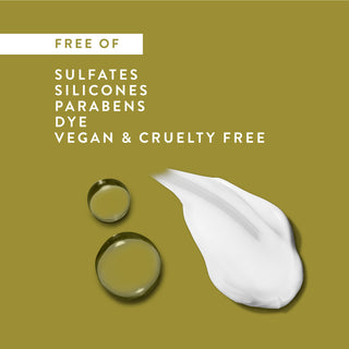 Drops of water and conditioner smear with text reading “Free of sulfates, silicones, parabens, dye, vegan & cruelty free”