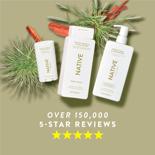 Native Desert Grass & Sandalwood product collection with text reading “Over 150,000, 5-star reviews” and five yellow stars