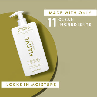 Native Desert Grass & Sandalwood Moisturizing Conditioner with text reading “Made with only 11 clean ingredients” and “Locks in moisture”