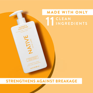 Native Almond & Shea Butter Strengthening Conditioner with text reading “Made with only 11 clean ingredients” and “Locks in moisture”