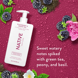 Native Strengthening Conditioner with text “Sweet watery notes spiked with green tea, peony, and basil”