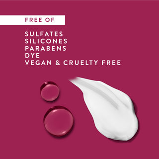 Drops of water and conditioner smear with text reading “Free of sulfates, silicones, parabens, dye, vegan & cruelty free”