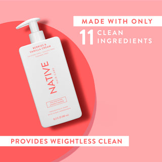Native Berries & Vanilla Cream Volumizing Conditioner with text reading “Made with only 11 clean ingredients” and “Locks in moisture”