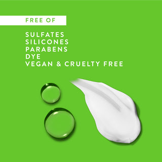 Drops of water and conditioner smear with text reading “Free of sulfates, silicones, parabens, dye, vegan & cruelty free”