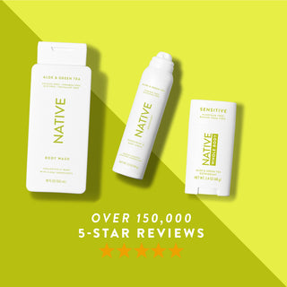 Native body wash, deodorant spray, and sensitive deodorant in Aloe & Green Tea scent shown with five-star rating