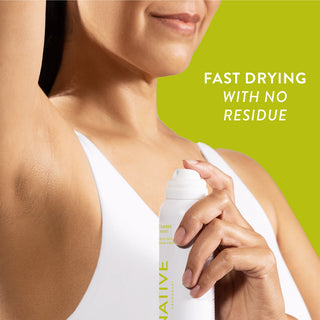 Person applying Native deodorant under arm with text reading fast drying with no residue