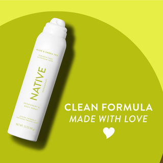 Native deodorant spray with Aloe & Green Tea label and overlay promoting clean formula