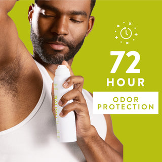 Person applying Native deodorant spray  under arm with text reading 72-hour odor protection			