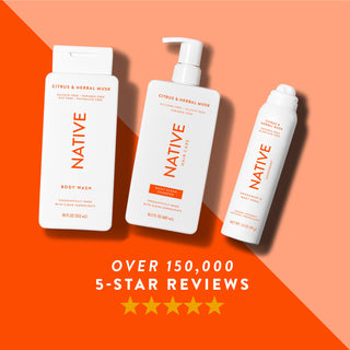 Native body wash, shampoo, and deodorant spray in Citrus & Herbal Musk scent shown with five-star rating