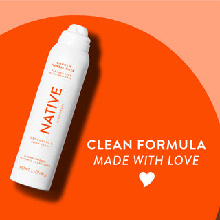 Native deodorant spray with Citrus & Herbal Musk label and overlay promoting clean formula