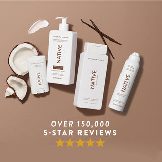 Native deodorant, lotion, body wash, spray deodorant in Coconut & Vanilla scent shown with five-star rating
