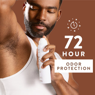 Person applying Native deodorant under arm with text reading 72-hour odor protection
