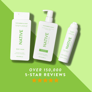 Native body wash, shampoo, and deodorant spray in Cucumber & Mint scent shown with five-star rating