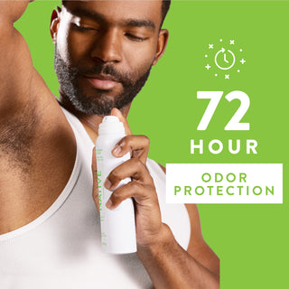Person applying Native deodorant spray  under arm with text reading 72-hour odor protection