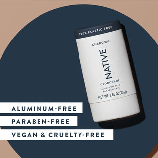 Native deodorant with text saying "Aluminum-free, paraben-free, vegan & cruelty-free"	