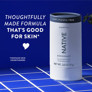 Upright Native deodorant with Charcoal label and overlay promoting skin-friendly formula