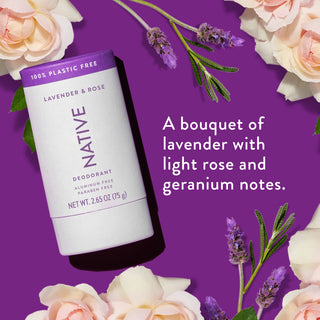 Native deodorant with text saying "A bouquet of lavender with light rose and geranium notes", styled with Lavender and roses