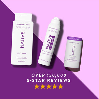 Native body wash, whole body, and plastic-free deodorant in Lavender & Rose scent shown with five-star rating