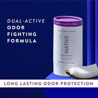 Native Lavender & Rose Deodorant sitting on counter with text promoting "Dual-active, odor fighting formula"