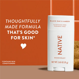Upright Native deodorant with Black Oak & Amber label and overlay promoting skin-friendly formula