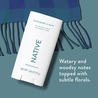Native deodorant with text saying "Watery and woodsy notes topped with subtle florals", styled with blue background