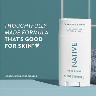 Upright Native deodorant with Cashmere & Rain label and overlay promoting skin-friendly formula