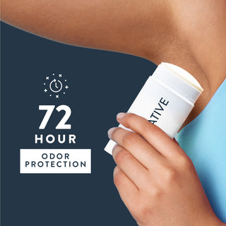Person applying Native deodorant under arm with text reading 72-hour odor protection