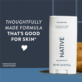 Upright Native deodorant with Charcoal label and overlay promoting skin-friendly formula