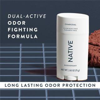 Native Charcoal Deodorant sitting on counter with text promoting "Dual-active, odor fighting formula"