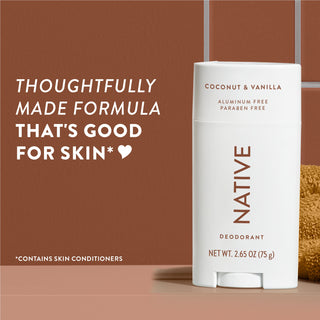 Upright Native deodorant with Coconut & Vanilla label and overlay promoting skin-friendly formula