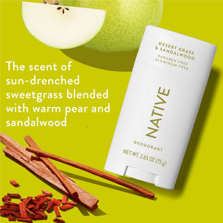 Native deodorant with text saying "The scent of sun-drenched sweetgrass blended with warm pear and sandalwood", styled with pear slices and sandalwood sticks