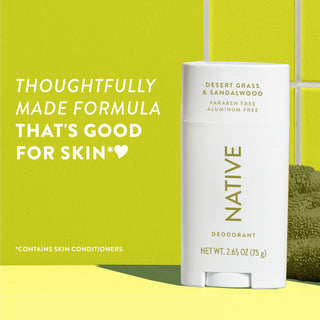 Upright Native deodorant with Desert Grass & Sandalwood label and overlay promoting skin-friendly formula