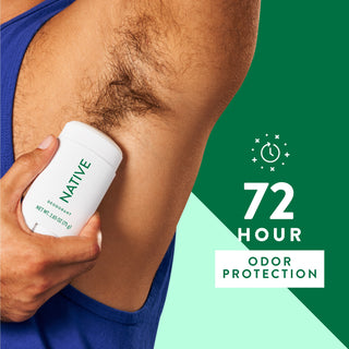 Person applying Native deodorant under arm with text reading 72-hour odor protection