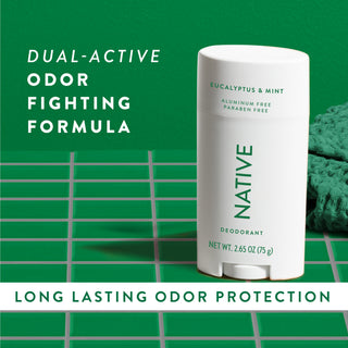 Native Eucalyptus & Mint Deodorant sitting on counter with text promoting "Dual-active, odor fighting formula"