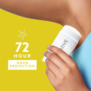 Person applying Native deodorant under arm with text reading 72-hour odor protection