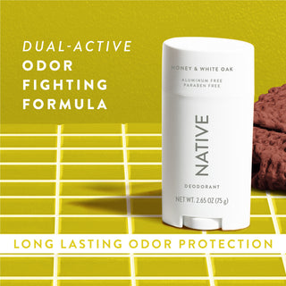 Native Honey & White Oak Deodorant sitting on counter with text promoting "Dual-active, odor fighting formula"