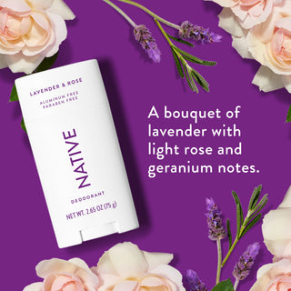 Native deodorant with text saying "A bouquet of lavender with light rose and geranium notes", styled with lavender and roses