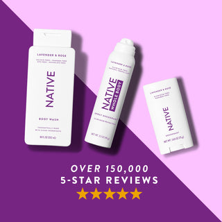 Native body wash, whole body, and deodorant in Lavender & Rose scent shown with five-star rating