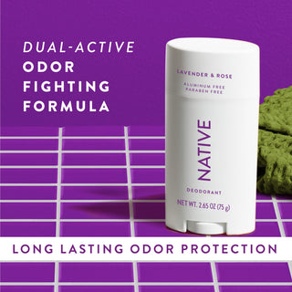 Native Lavender & Rose Deodorant sitting on counter with text promoting "Dual-active, odor fighting formula"
