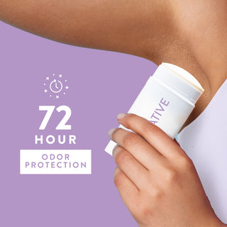Person applying Native deodorant under arm with text reading 72-hour odor protection