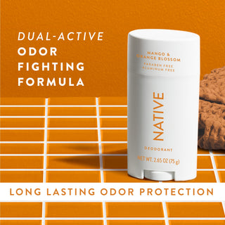 Native Mango & Orange Blossom Deodorant sitting on counter with text promoting "Dual-active, odor fighting formula"