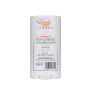 Back of Native deodorant stick listing Piece of Cake scent ingredients and usage instructions